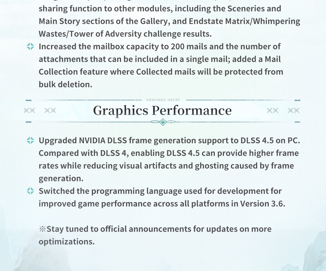 Extrait officiel de l’aperçu 3.6 annonçant le DLSS 4.5 Frame Generation sur PC et une optimisation multiplateforme.