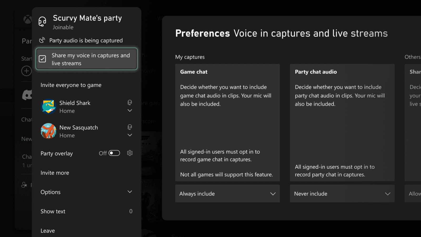 Interface officielle Xbox montrant les préférences d’inclusion du chat de jeu, du chat de groupe et de la voix personnelle dans les captures.