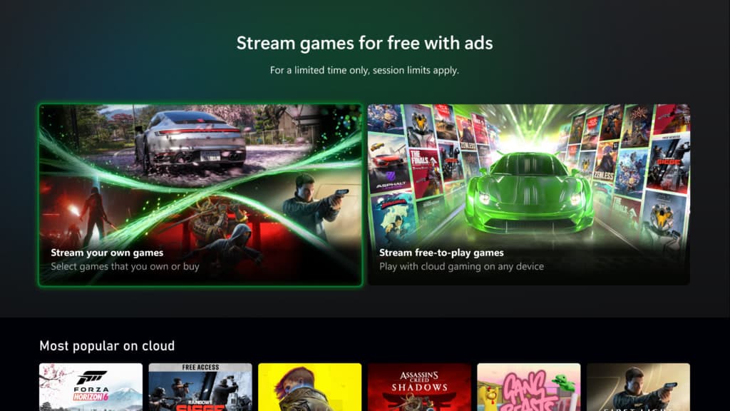 Capture officielle du test Xbox montrant le message Stream games for free with ads.