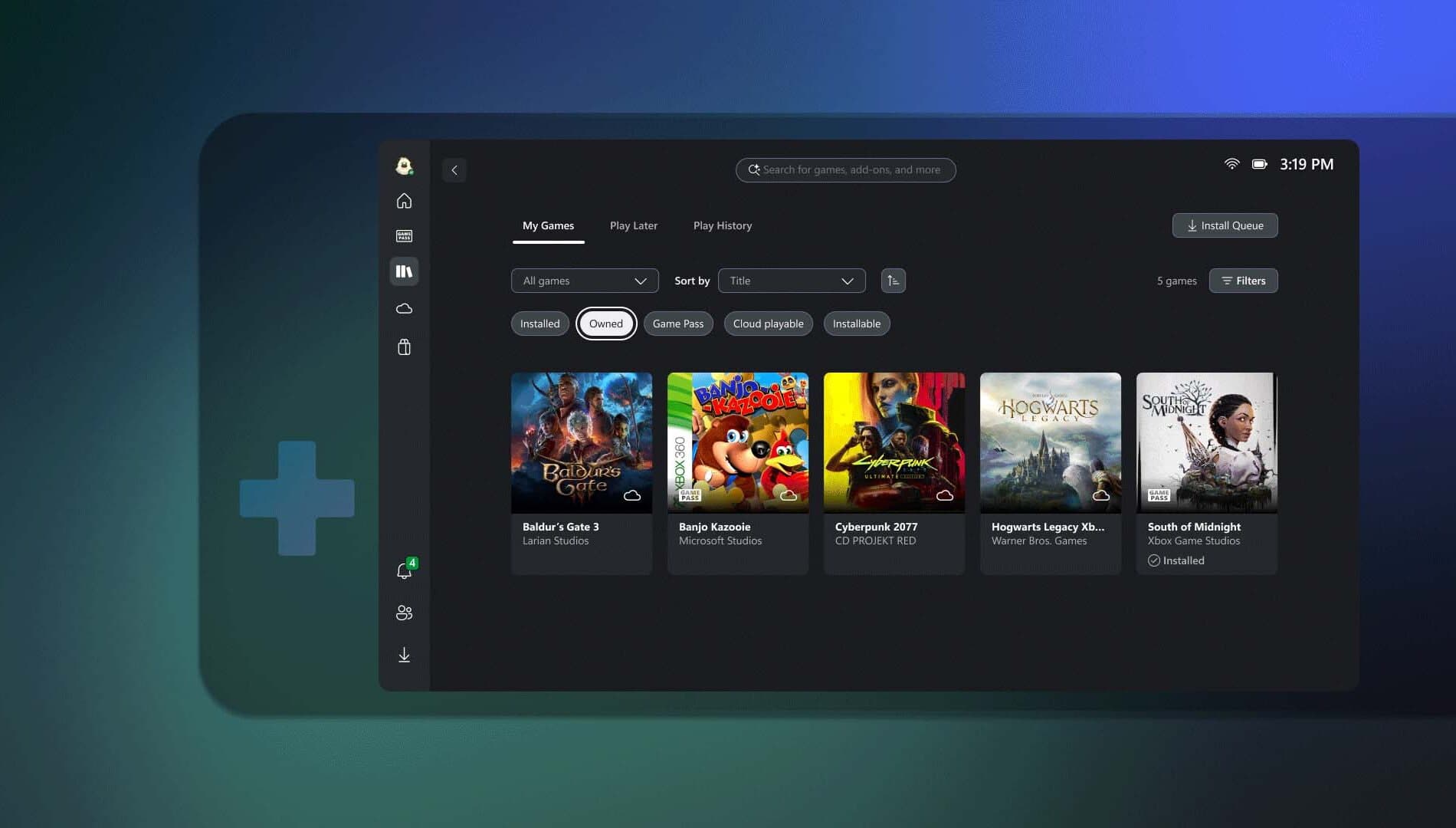 Interface officielle de la bibliothèque Xbox sur PC et appareil portable, avec des filtres de jeux.