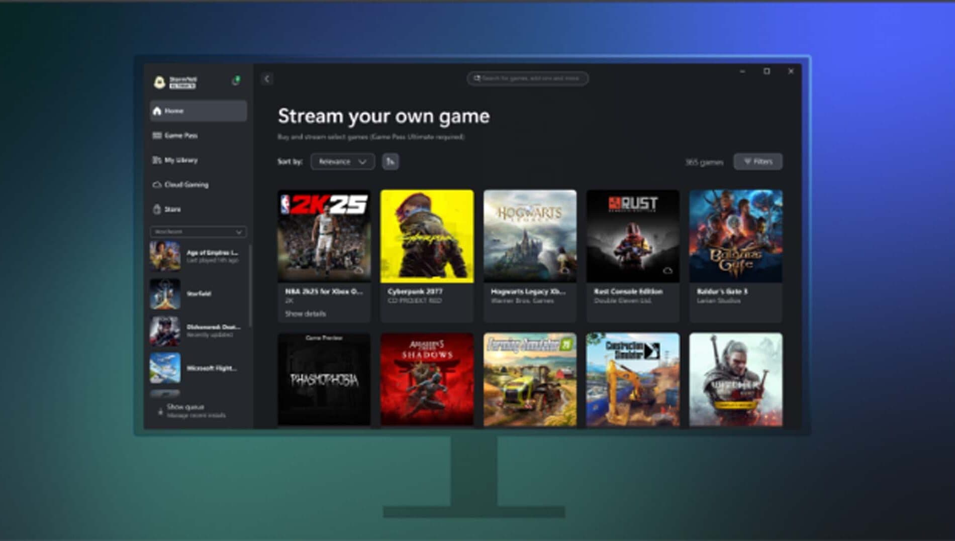 Interface officielle Xbox Cloud Gaming affichant la rubrique Stream your own game et plusieurs jeux possédés.