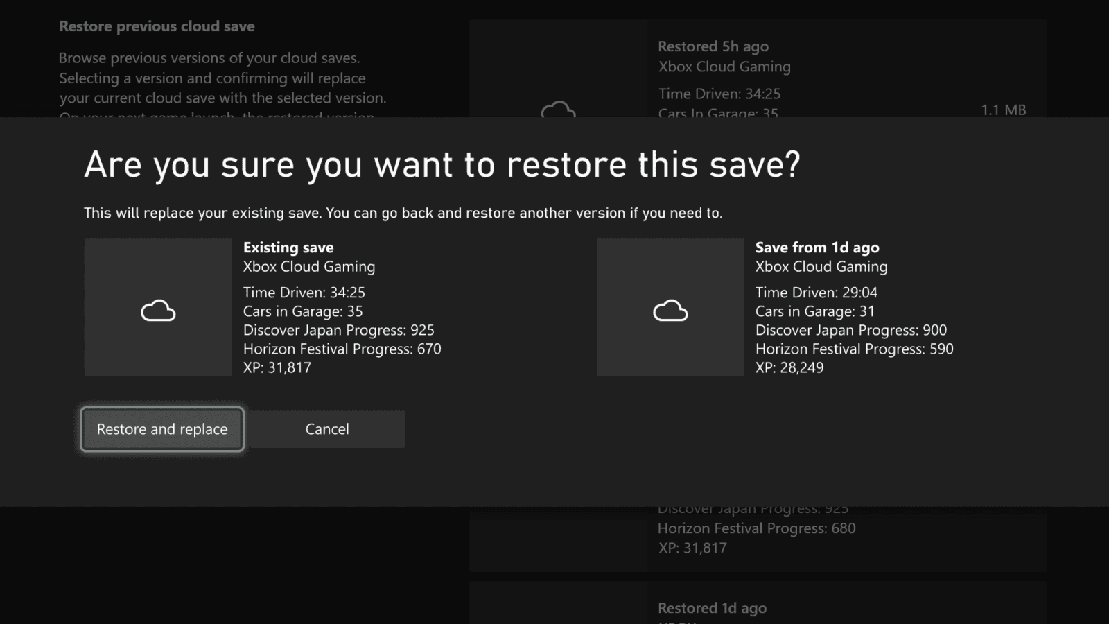 Écran officiel Xbox demandant de confirmer le remplacement d’une sauvegarde existante par une version cloud plus ancienne.