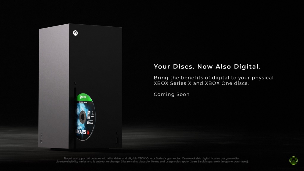 Visuel officiel d’une Xbox Series X avec un disque de Gears 5 inséré et l’annonce du droit numérique associé.