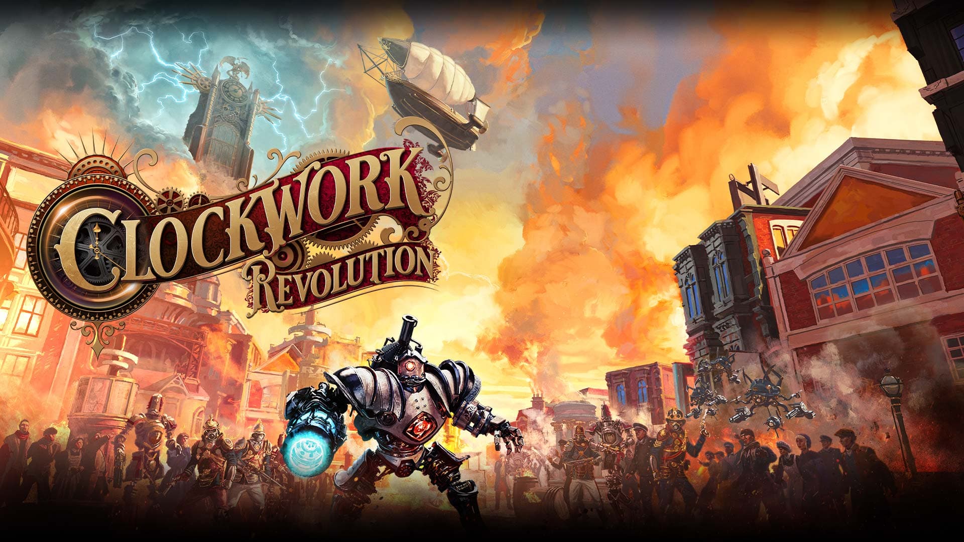 Key art officiel de Clockwork Revolution montrant un automate dans une ville steampunk.