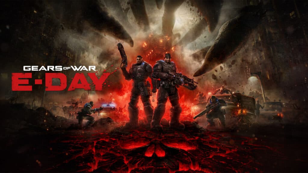 Key art officiel de Gears of War: E-Day avec Marcus Fenix et Dominic Santiago devant une invasion Locust.