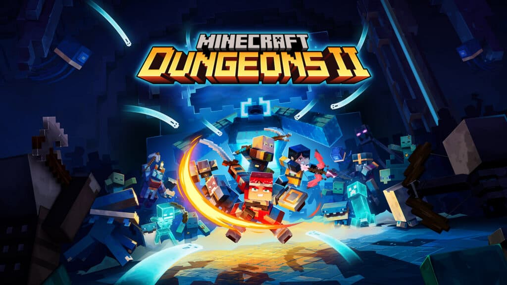 Key art officiel coloré de Minecraft Dungeons II montrant plusieurs héros affrontant des créatures.