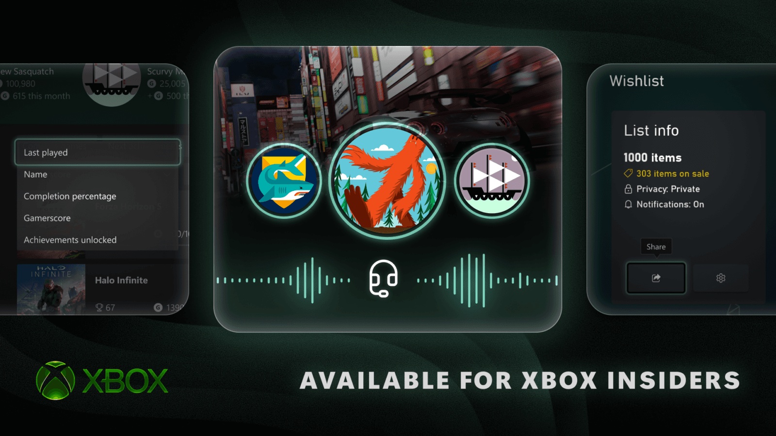 Montage officiel Xbox Insider présentant le chat dans les captures, le tri des succès et une liste de souhaits de 1 000 jeux.