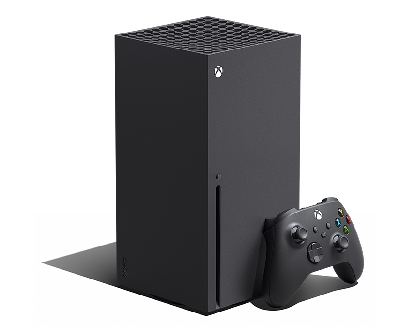 Console Xbox Series X noire avec son lecteur de disque en façade et sa manette officielle.