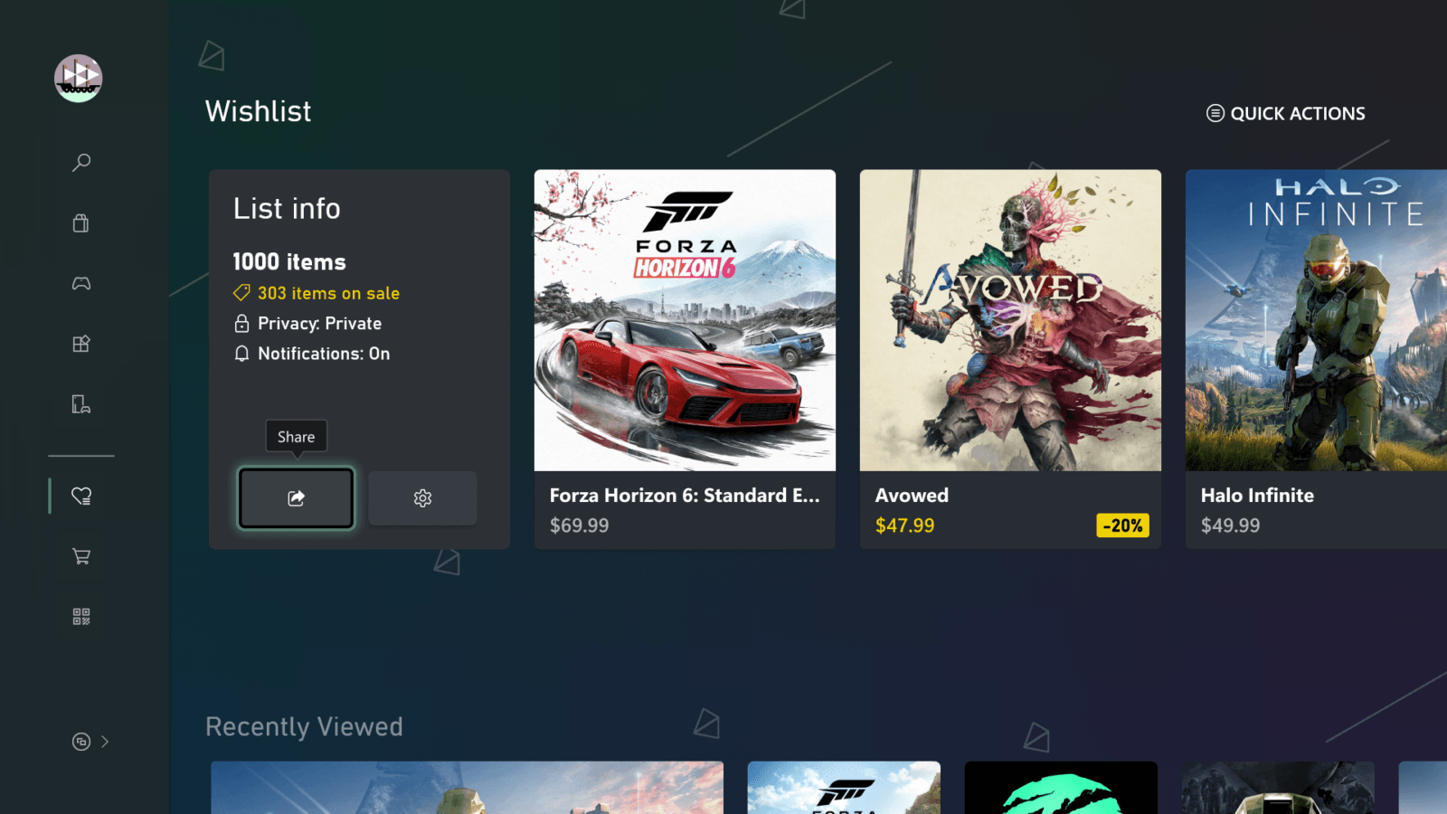 Interface officielle du Microsoft Store sur Xbox affichant une liste de souhaits contenant 1 000 éléments.
