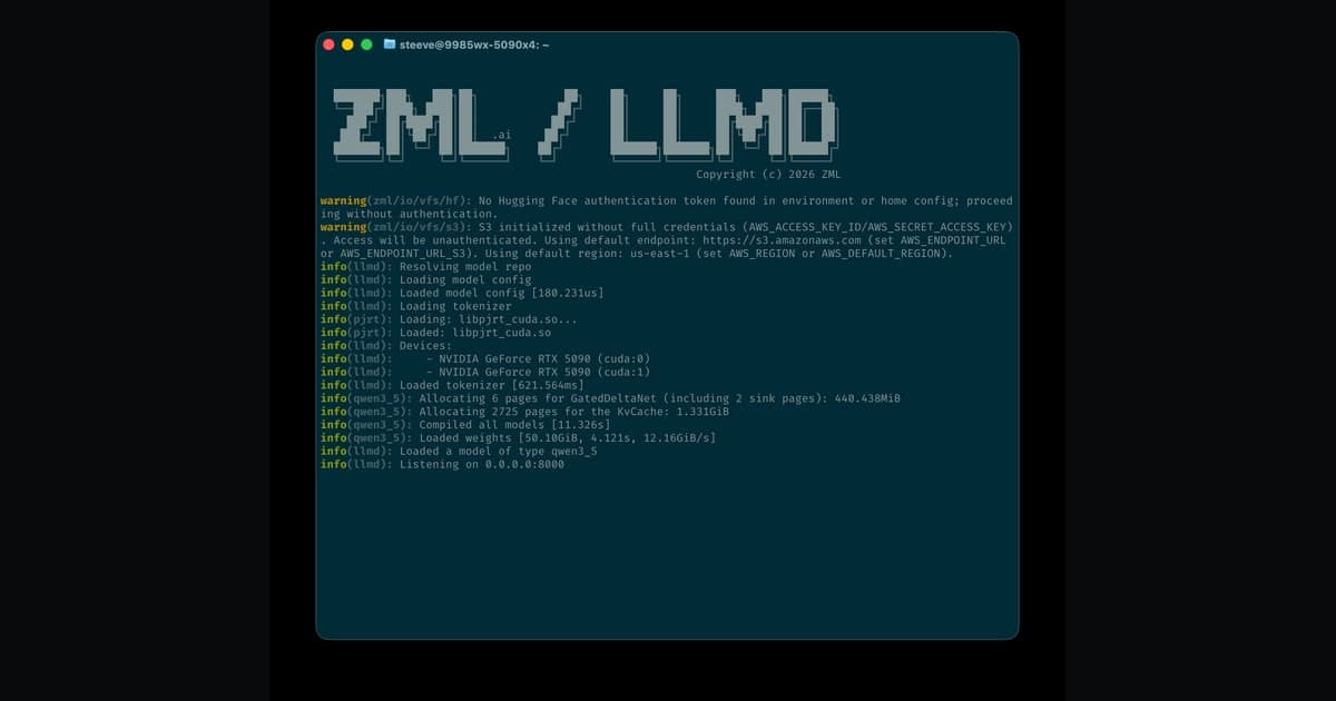 Présentation du serveur d’inférence ZML LLMD sur fond sombre.