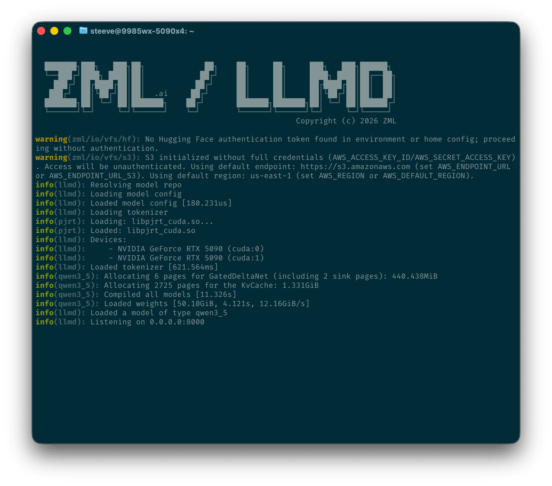 Terminal affichant le démarrage du serveur d’inférence ZML LLMD sur deux cartes NVIDIA.