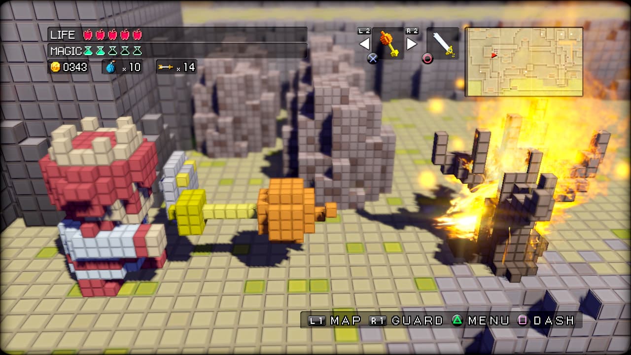 3D Dot Game Heroes : combat dans un donjon.
