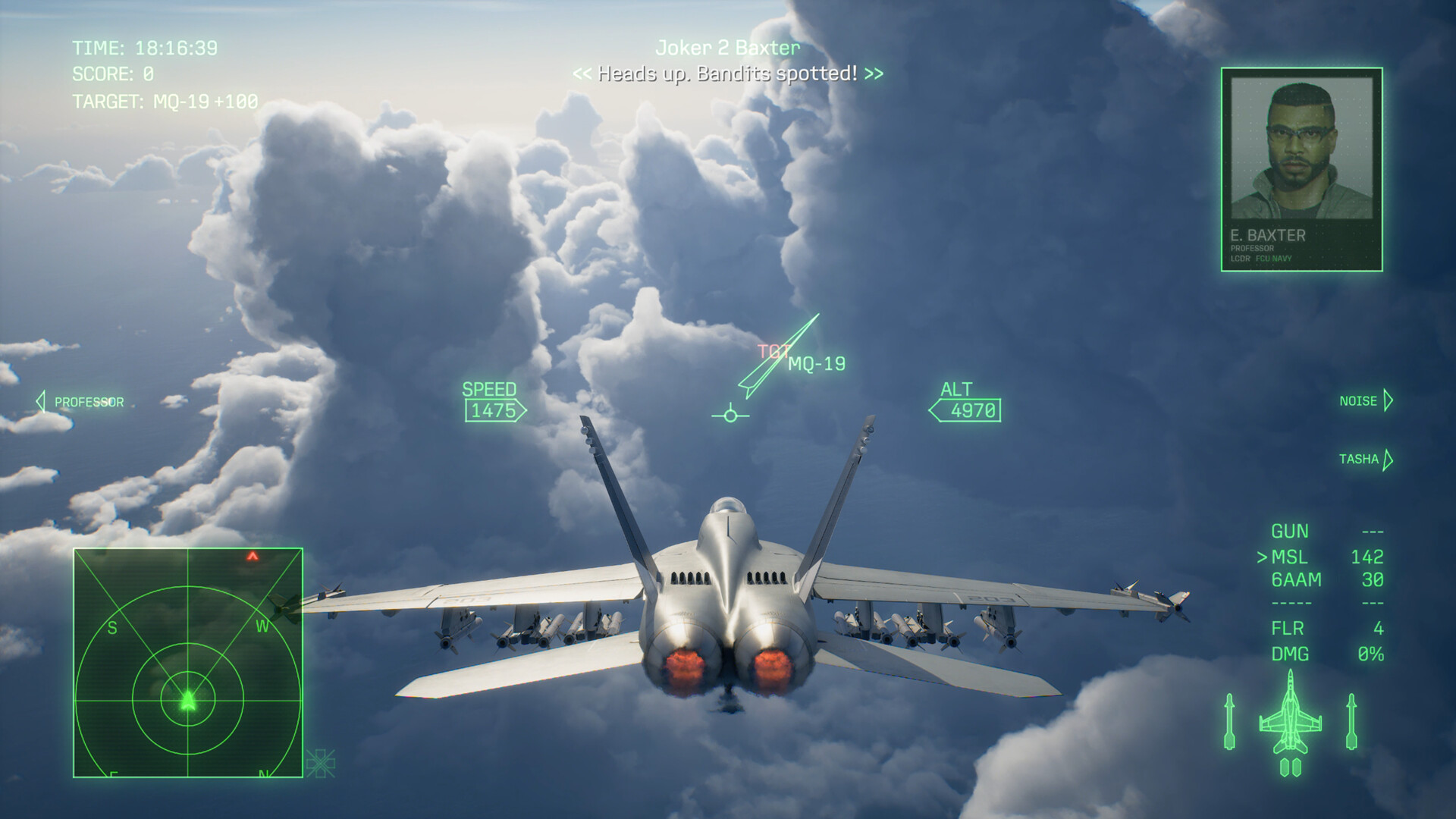 Un avion survole les nuages avec les indications de pilotage et le radar affichés.