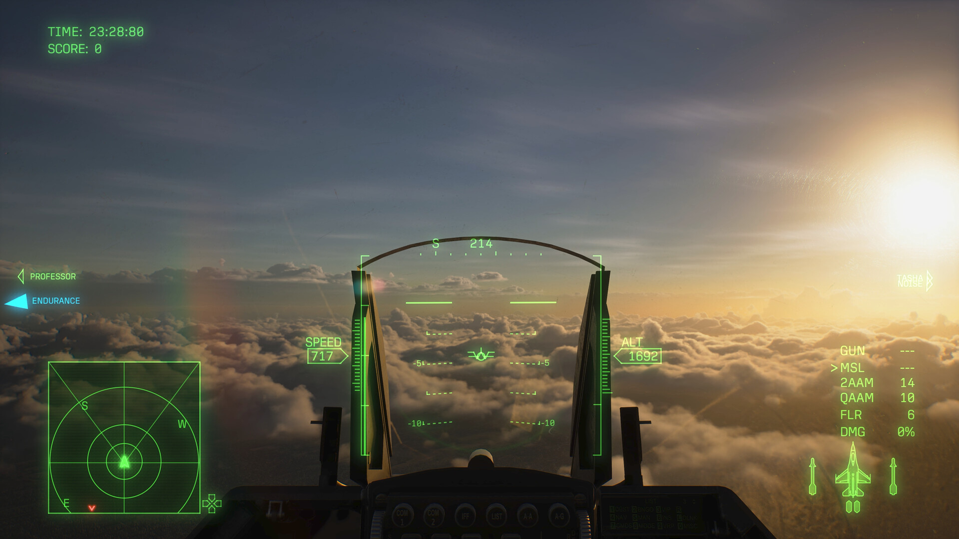Vue depuis le cockpit face au soleil couchant, avec le collimateur de visée.