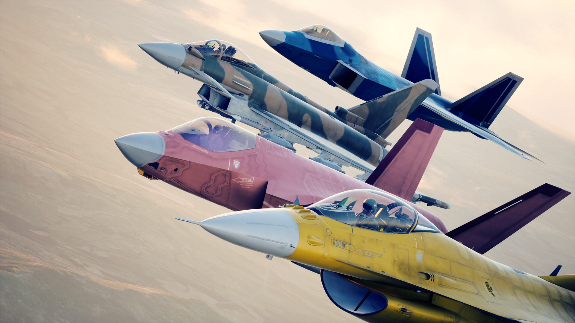 Plusieurs avions de chasse aux livrées différentes volent en formation.