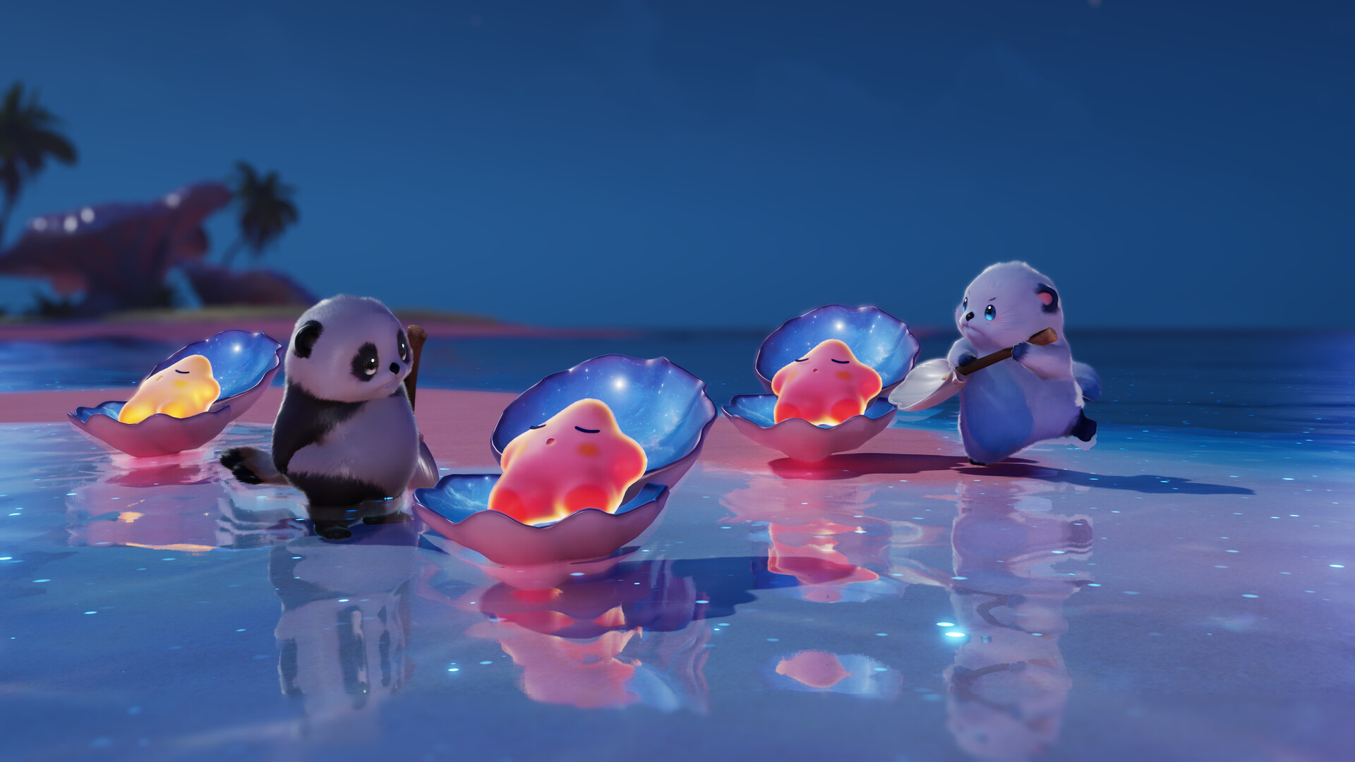 De petites créatures jouent près de l’eau la nuit.