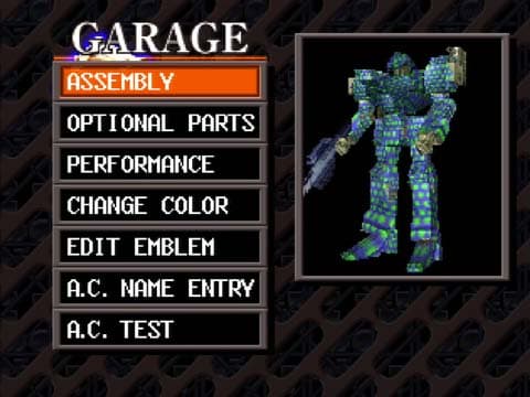 Garage de la version PlayStation avec les options d’assemblage de la machine · version PlayStation d’origine.
