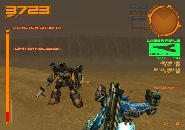 Un Armored Core vise un adversaire avec son fusil de précision.