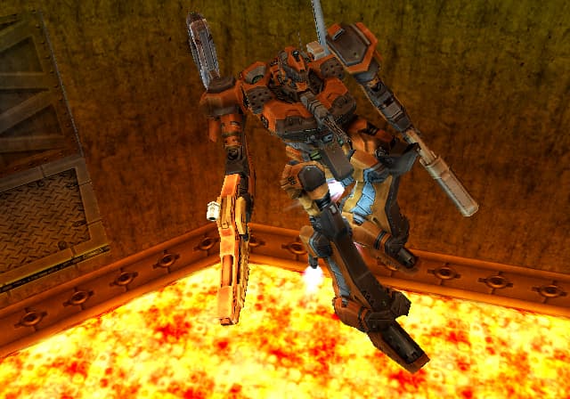 Vue officielle d’un Armored Core au-dessus d’un sol incandescent.