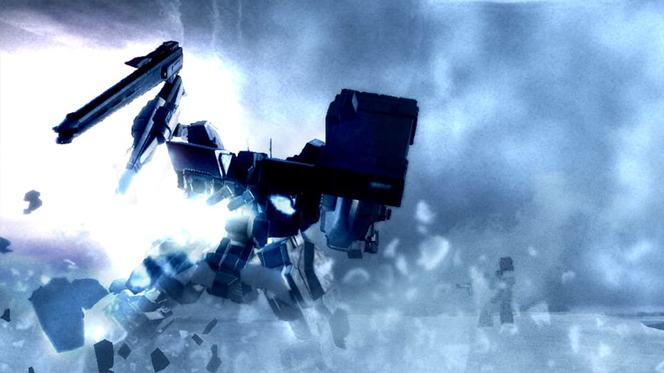 Un robot bondit avec ses armes déployées.