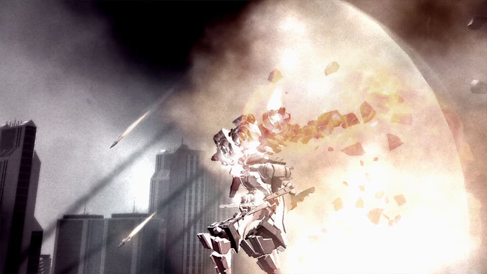 Un Armored Core fait face à une explosion dans un environnement urbain.