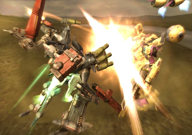 Un Armored Core tire sous une lumière dorée.