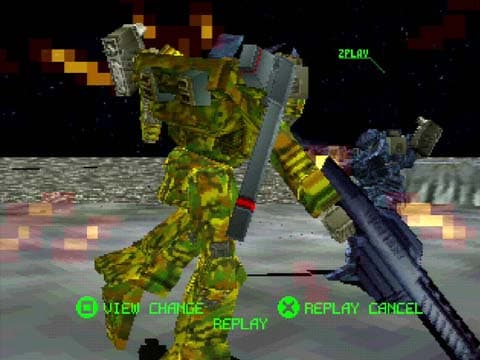 Gros plan officiel sur un Armored Core et son armement · version PlayStation d’origine.