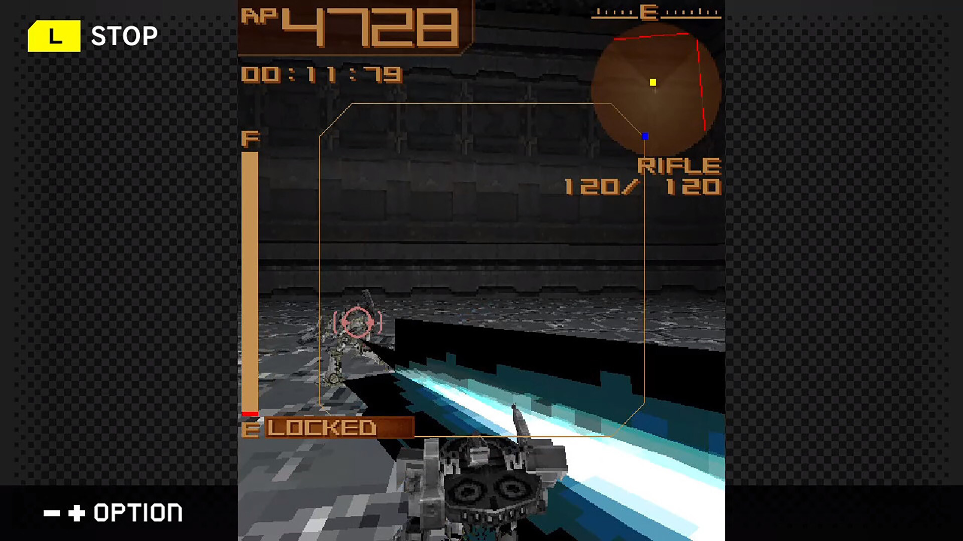 Vue arrière d’un Armored Core et de son arme énergétique.
