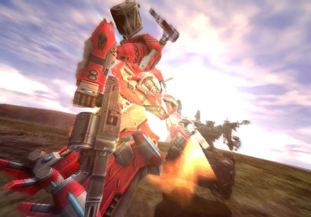 Vue officielle d’un Armored Core rouge dans une zone de combat.