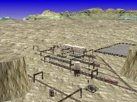 Vue d’un complexe installé dans un paysage désertique · version PlayStation d’origine.