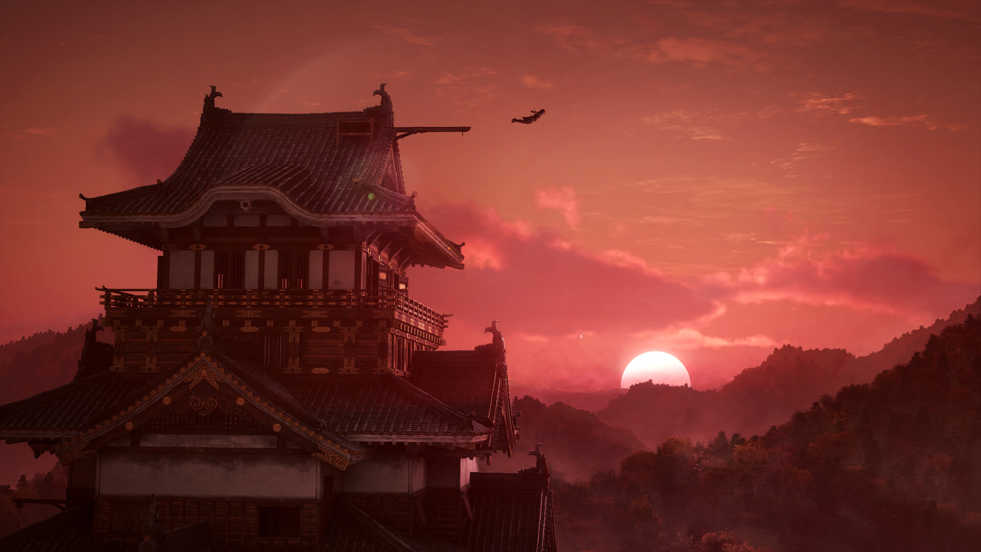 Un château japonais se détache au soleil couchant.