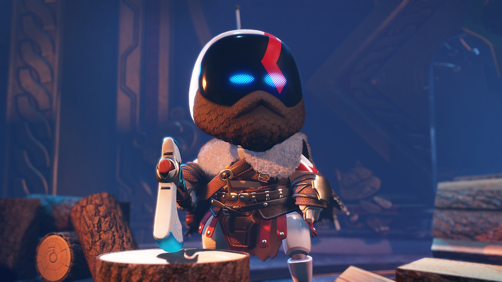 Un robot vêtu comme Kratos attend dans un décor en bois.