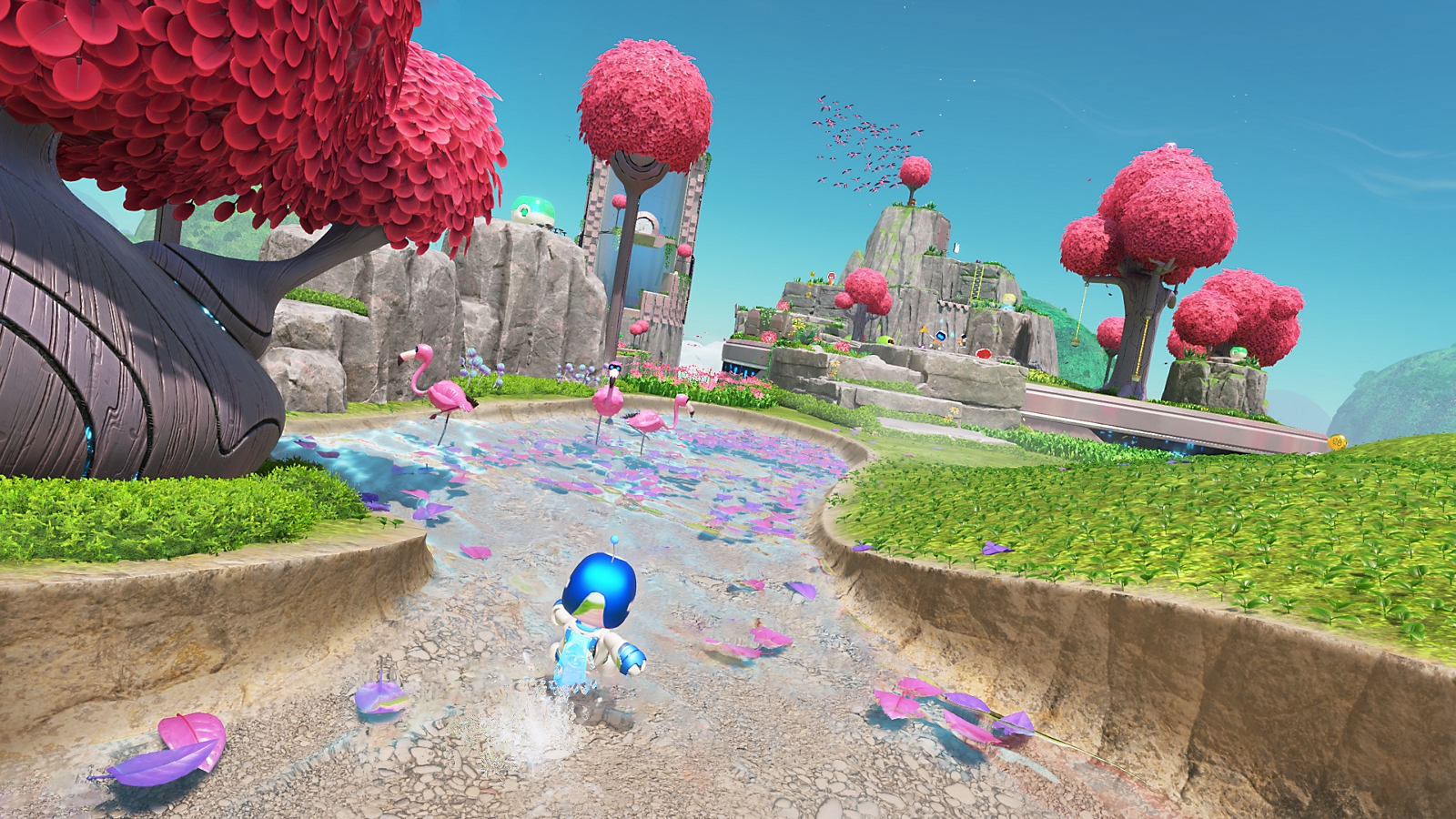 ASTRO court parmi des arbres roses et des plateformes fleuries.