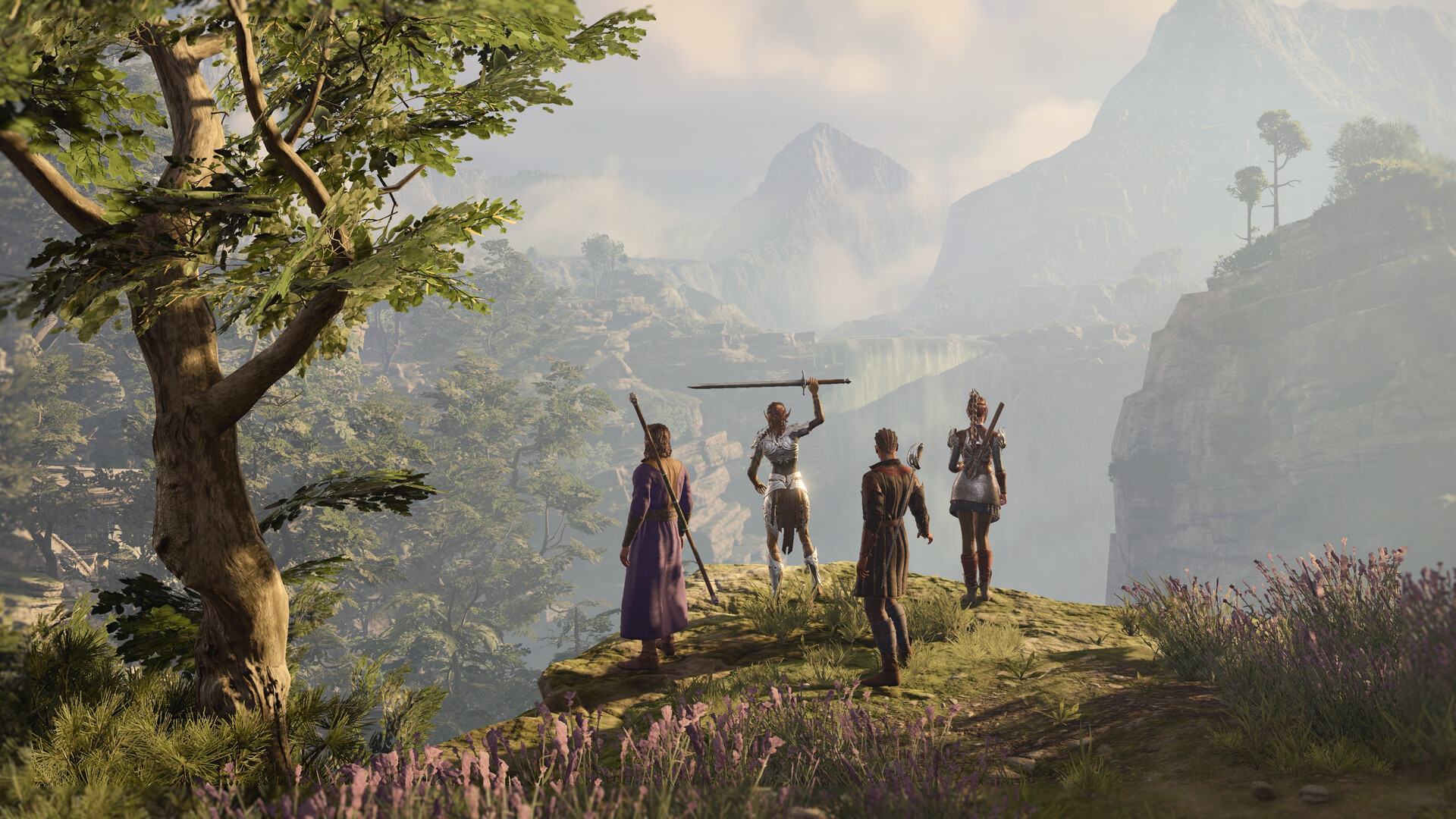 Des aventuriers réunis dans un paysage boisé.