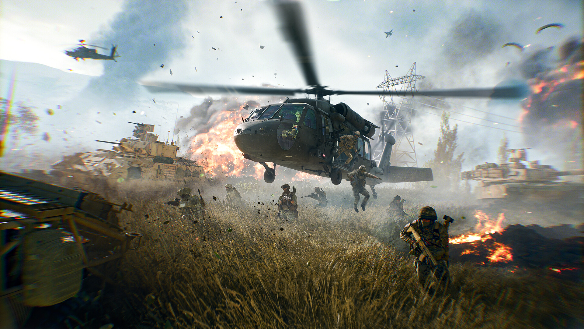 Un hélicoptère survole une zone de combat.