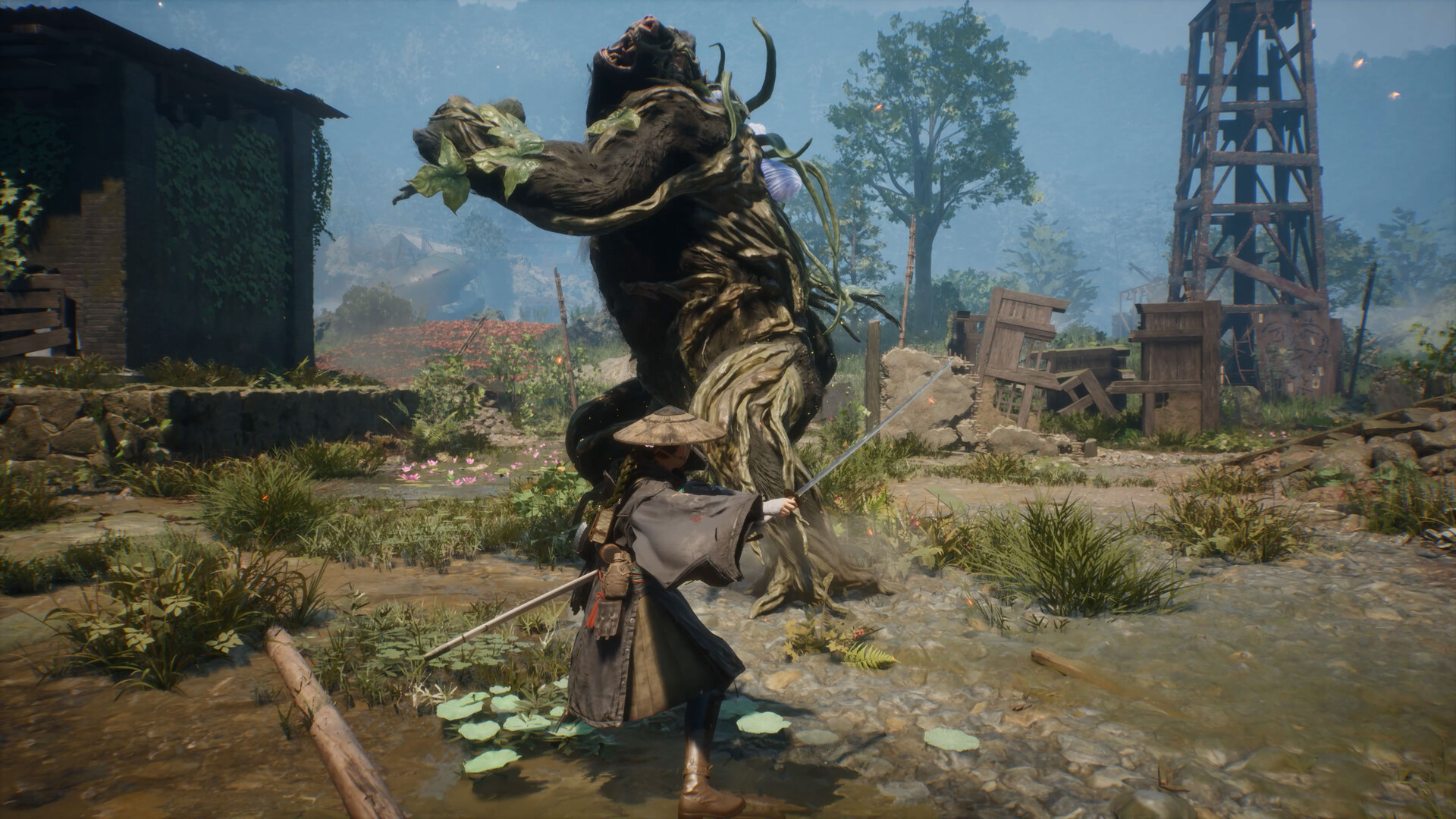 Une héroïne affronte une grande créature à proximité de ruines.