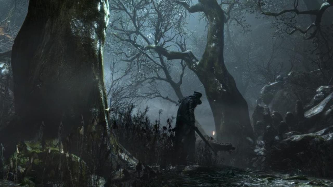 Un chasseur traverse une forêt sombre, entouré de grands troncs.