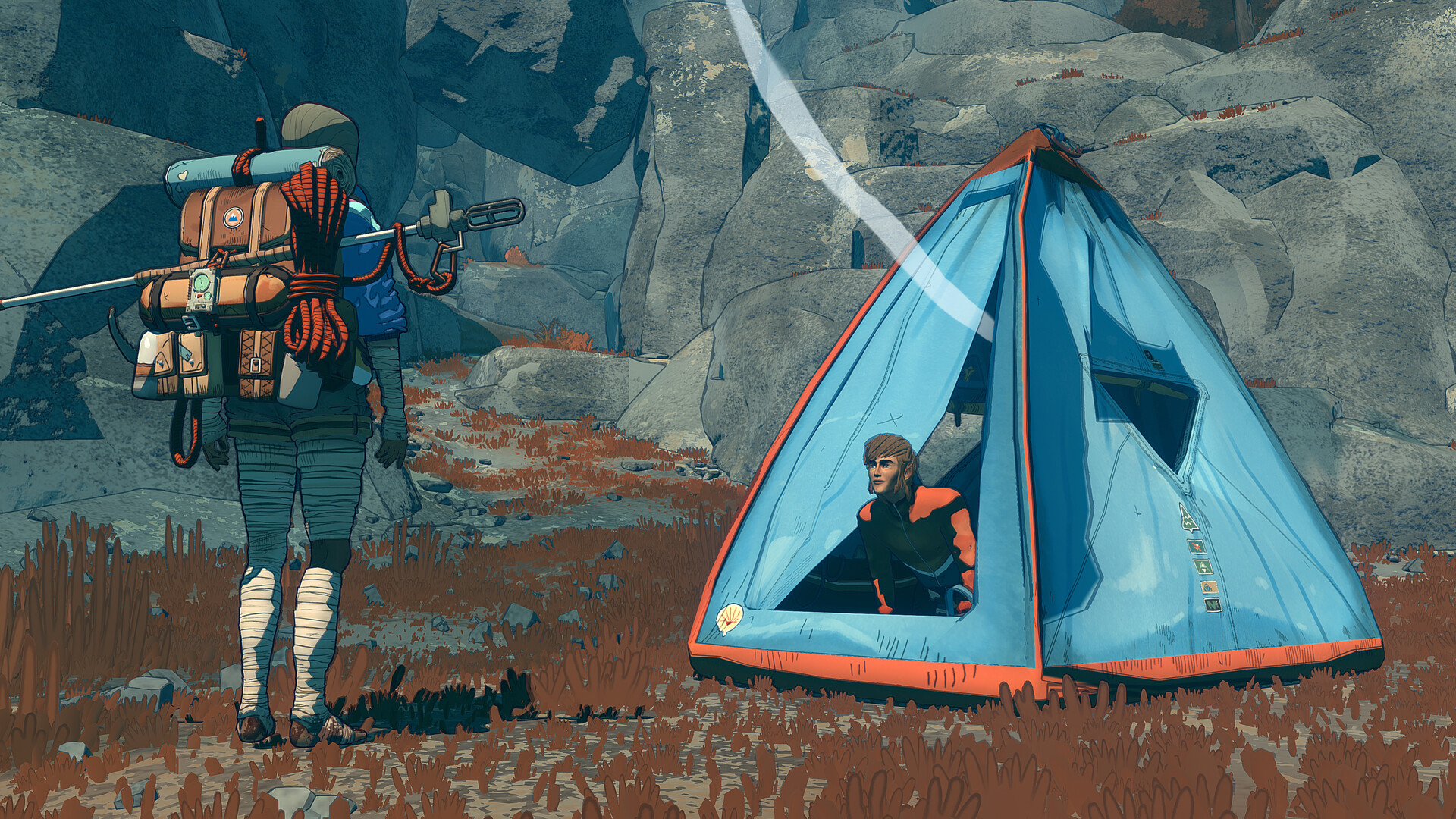 Aava rejoint un alpiniste dans son campement, devant une tente bleue.