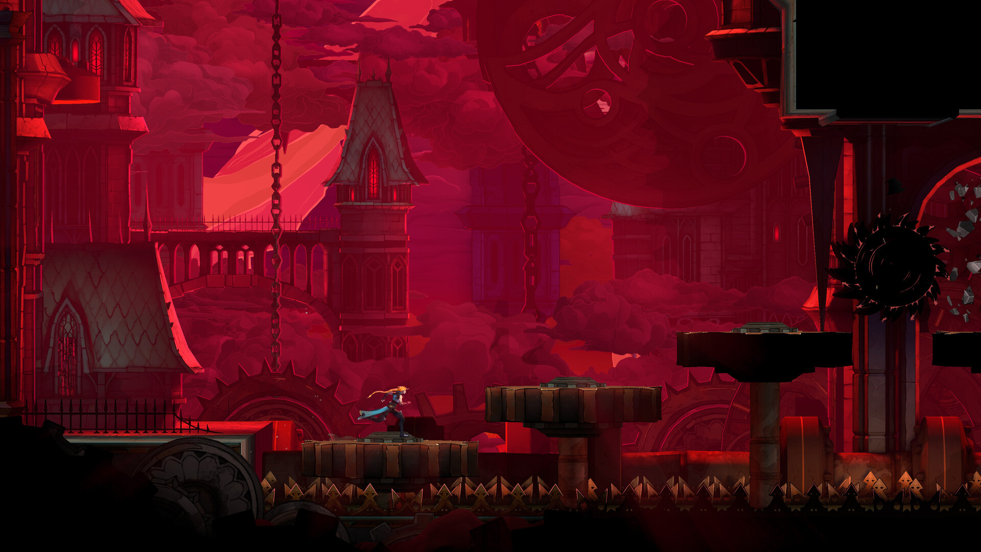 Un personnage traverse les plateformes d’un château rouge sombre.