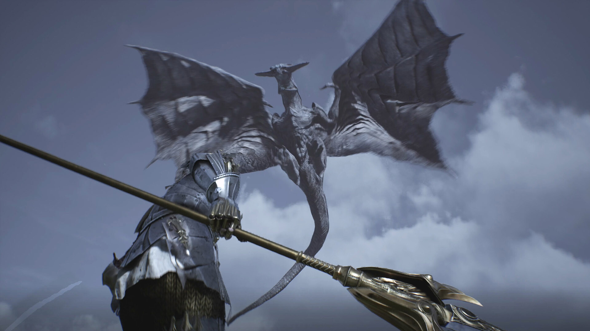 Un personnage armé fait face à un dragon en vol.