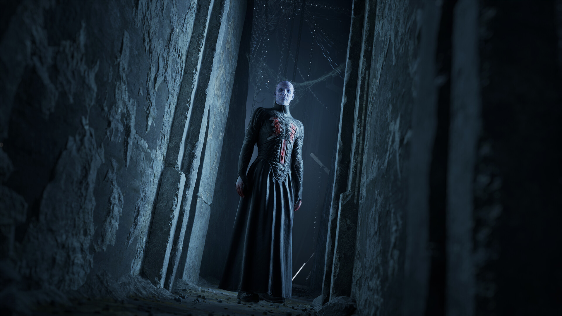 Visuel promotionnel officiel de Hellraiser : silhouette dans un couloir sombre.
