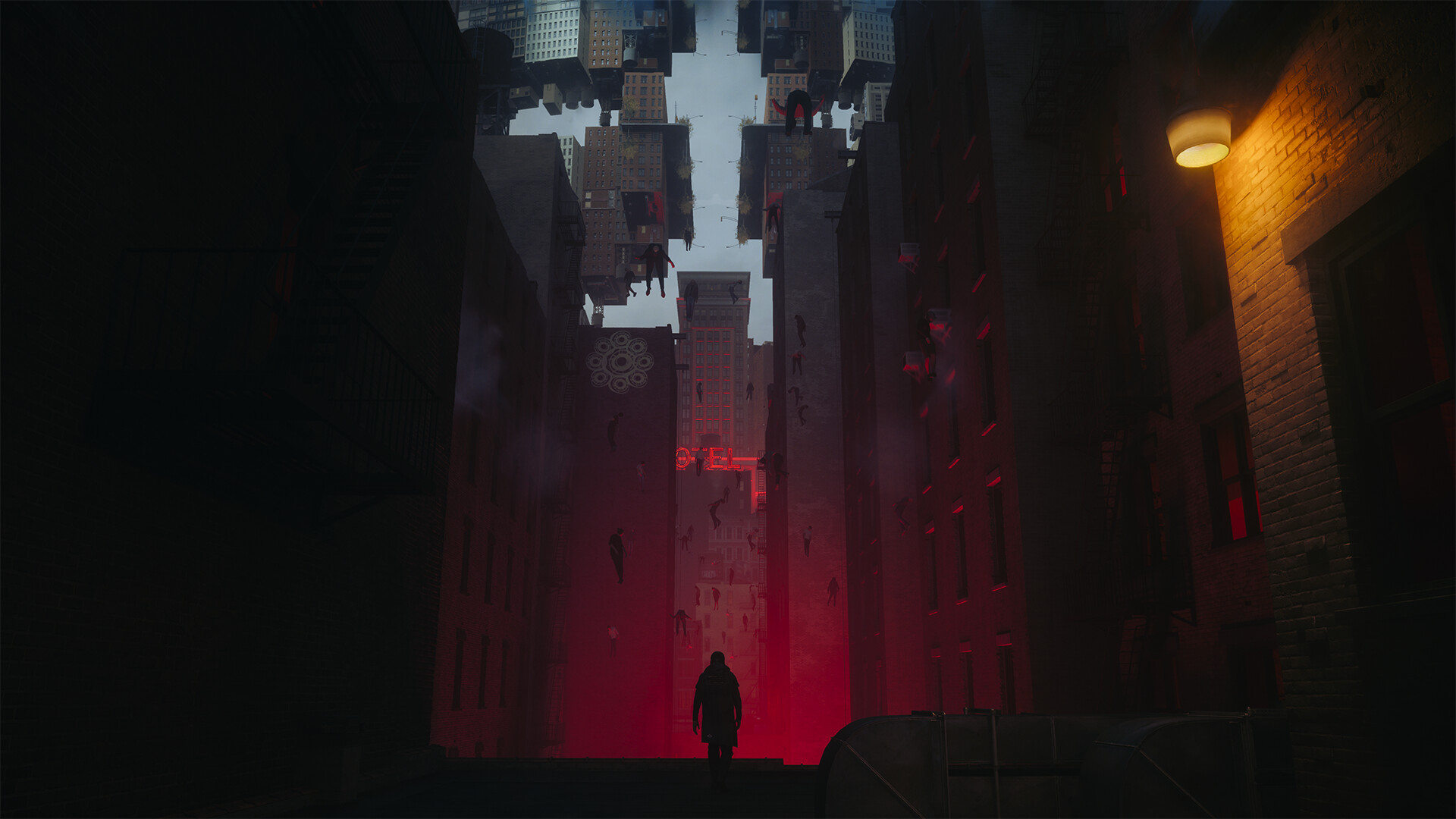 Une silhouette traverse une rue éclairée d’une lumière rouge.