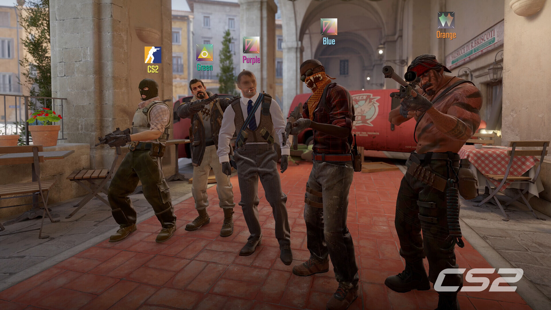 Une équipe de personnages alignés dans une rue de Counter-Strike 2.