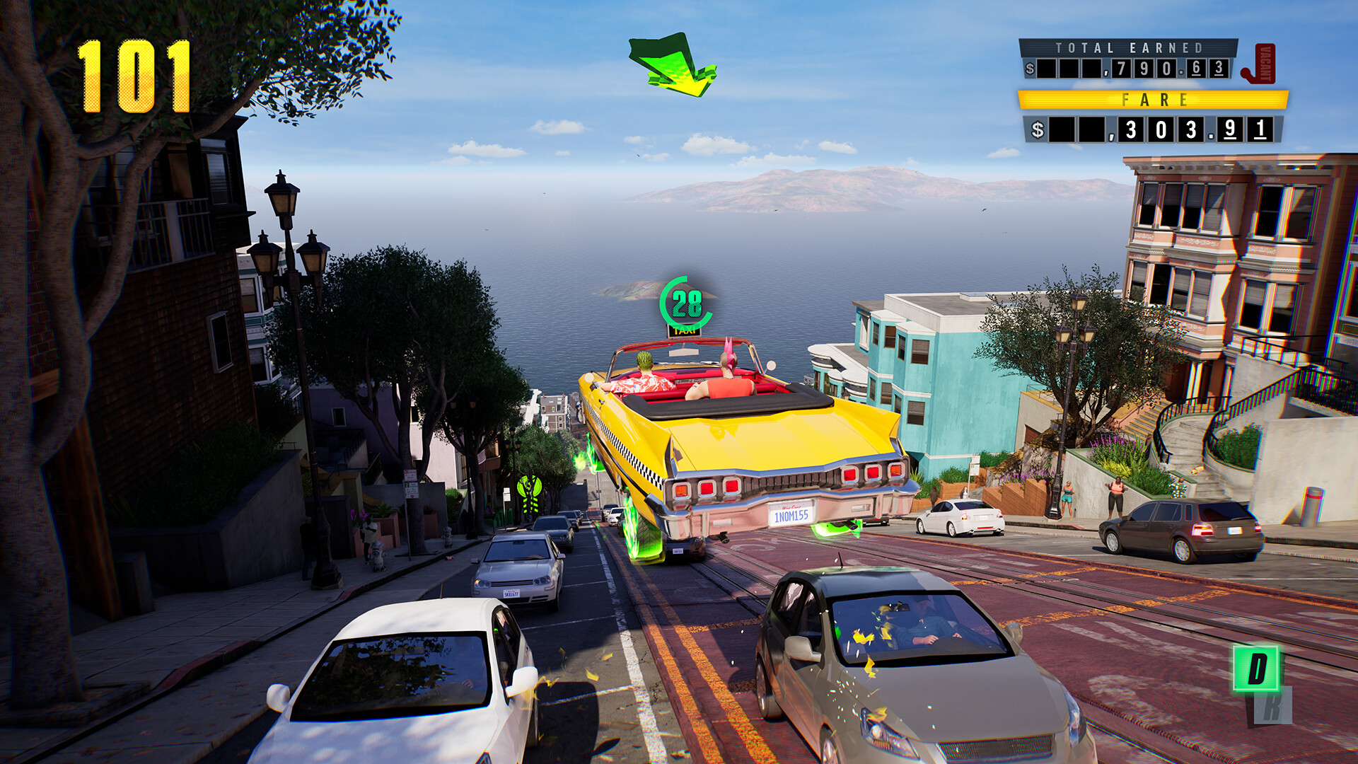 Un taxi descend une rue en pente.