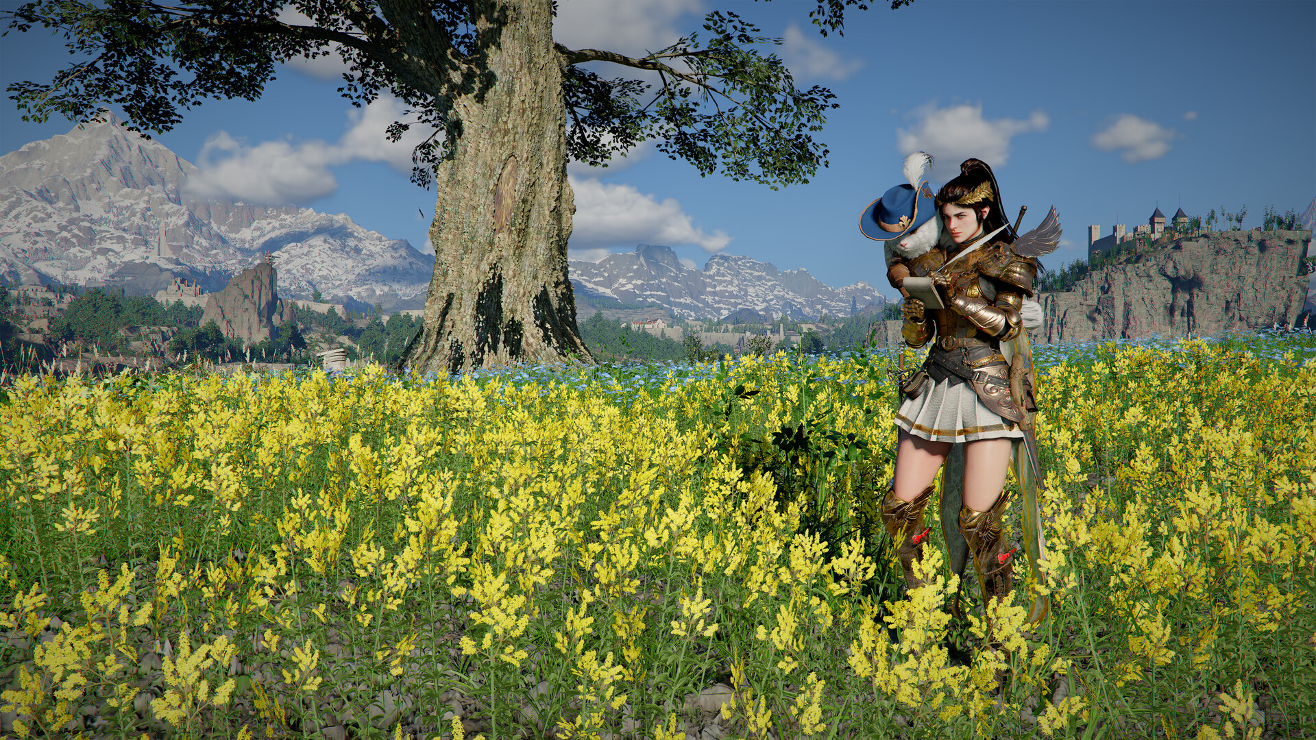 Un personnage se tient dans une prairie de fleurs jaunes.