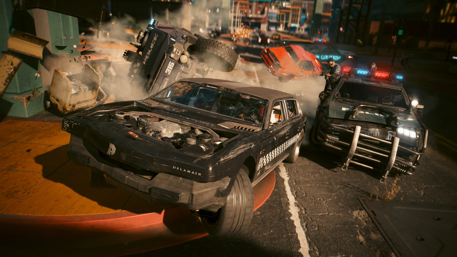 Des voitures se heurtent dans une rue de Night City.