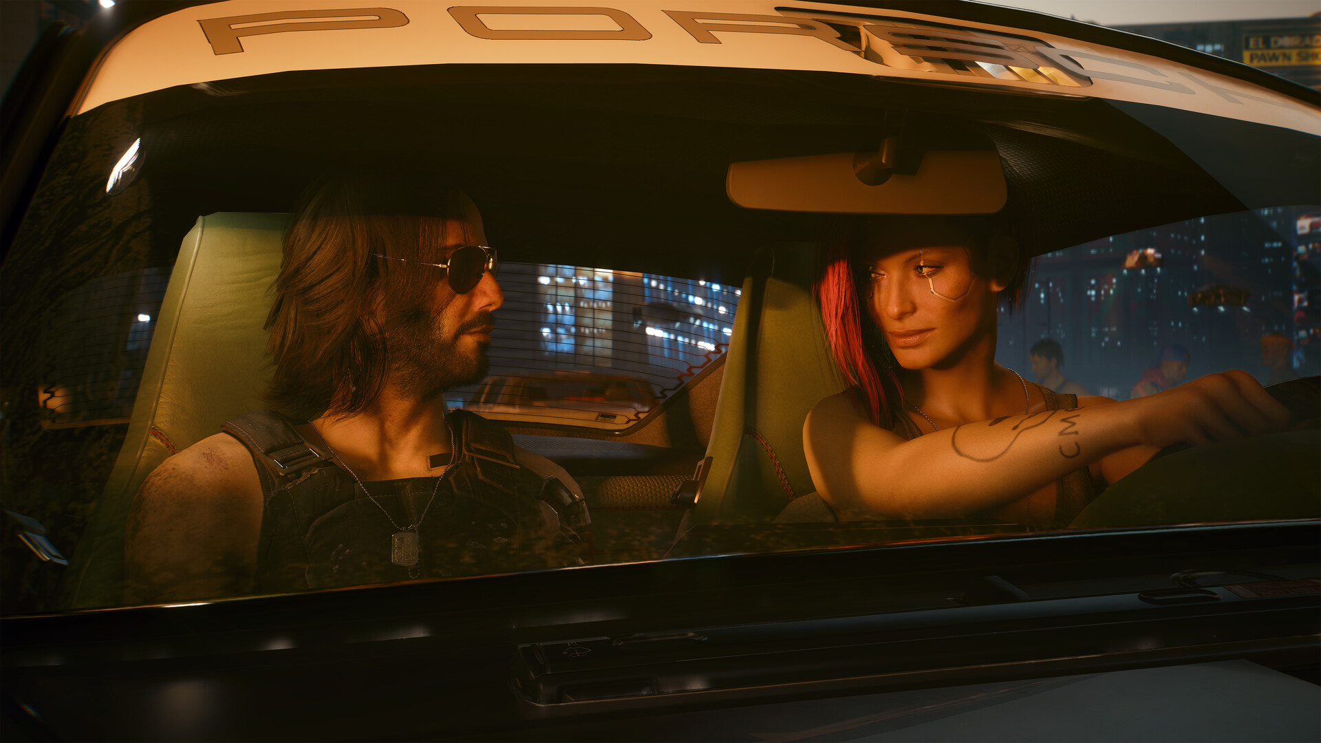 Deux personnages à bord d’une voiture à Night City.
