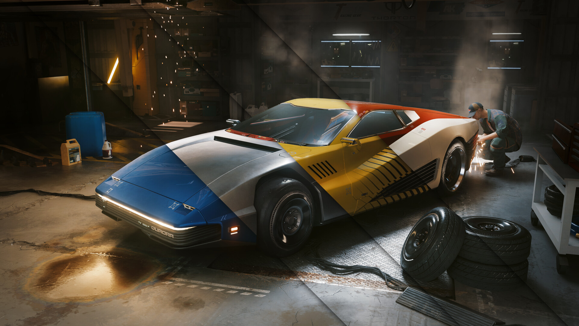 Une voiture de sport dans un garage de Night City.