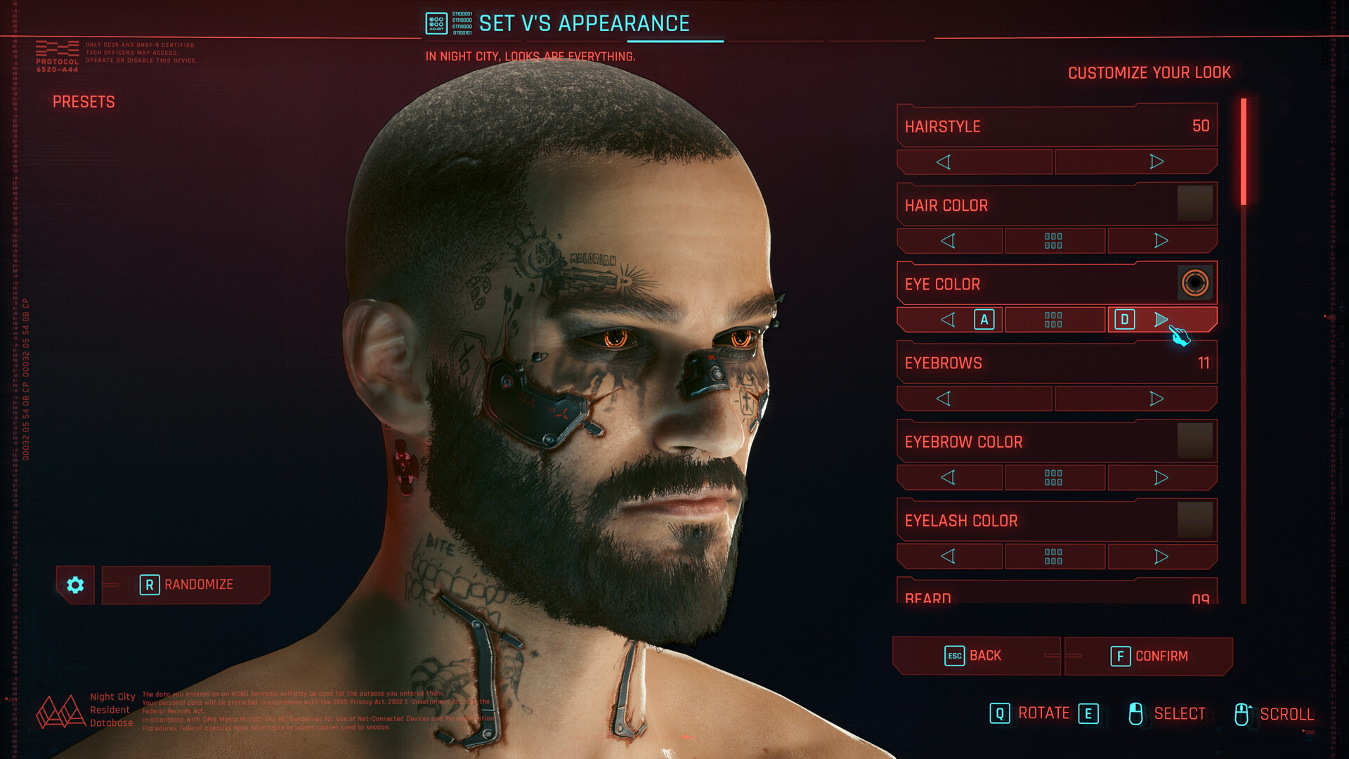 Écran de personnalisation du visage et des implants de V.