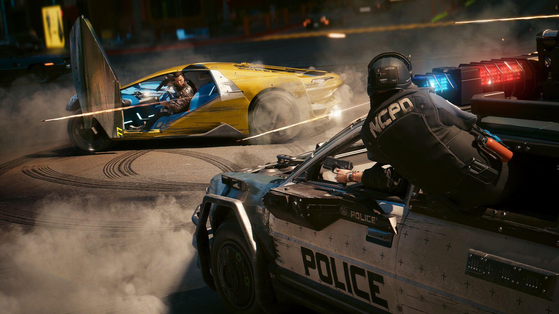 Affrontement autour de véhicules de police dans une rue de Night City.